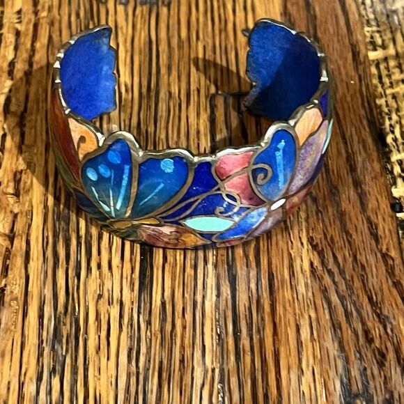 Vintage Signed David Kuo Champleve Enamel Cuff Bracelet Cloisonné Butterfly - Picture 10 of 16